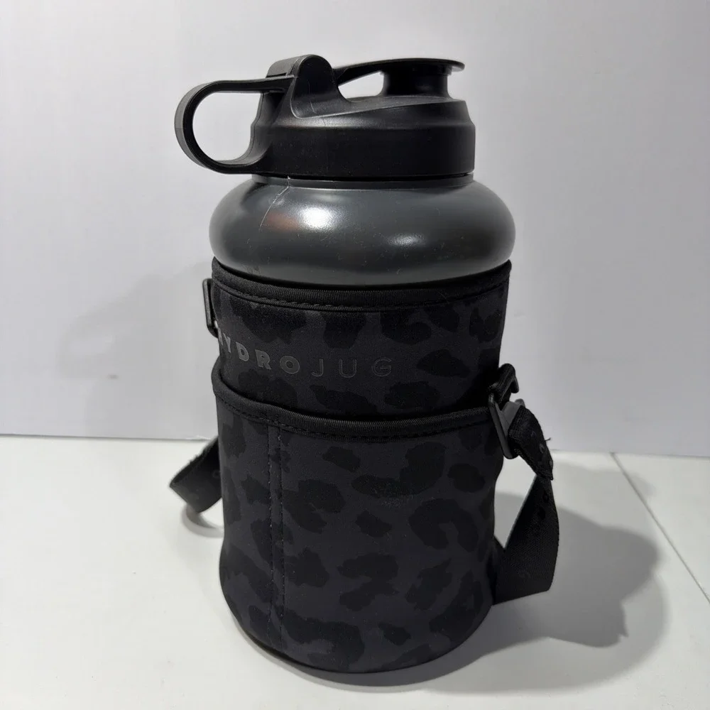 Hydrojug Black Water Bottle with Leopard Sleeve and strap Preowned